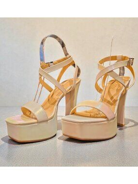 Iridescent Pearl Platform High Heel Strappy Sandals With Ankle Buckle